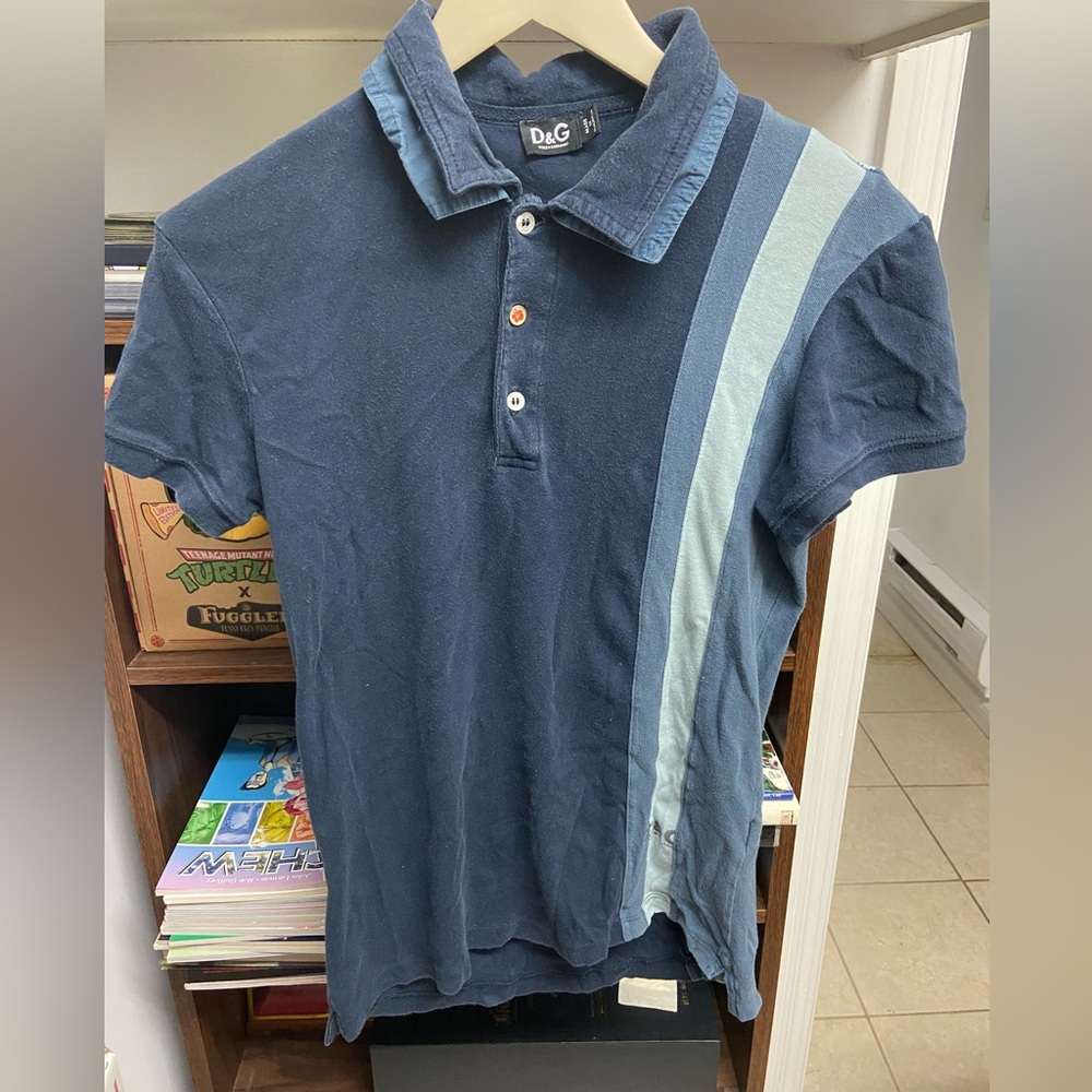 D&G Men's Navy Polo with Light Blue Stripes